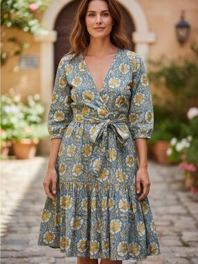 Oliphant Blue Floral Wrap Midi with Mustard Blooms